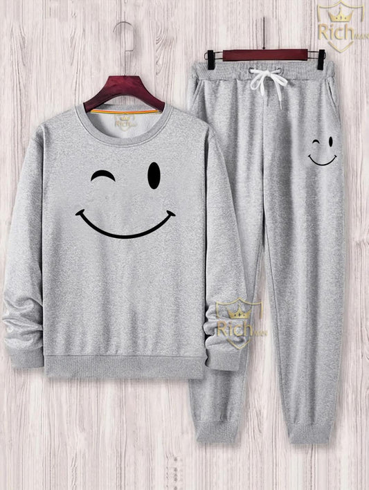 Men's Fleece Graphic Tracksuit – 2 Pcs Set (Grey)