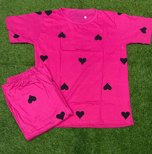 Women’s Pink Cotton Jersey Night Suit – 2 Pc Printed Sleepwear Set